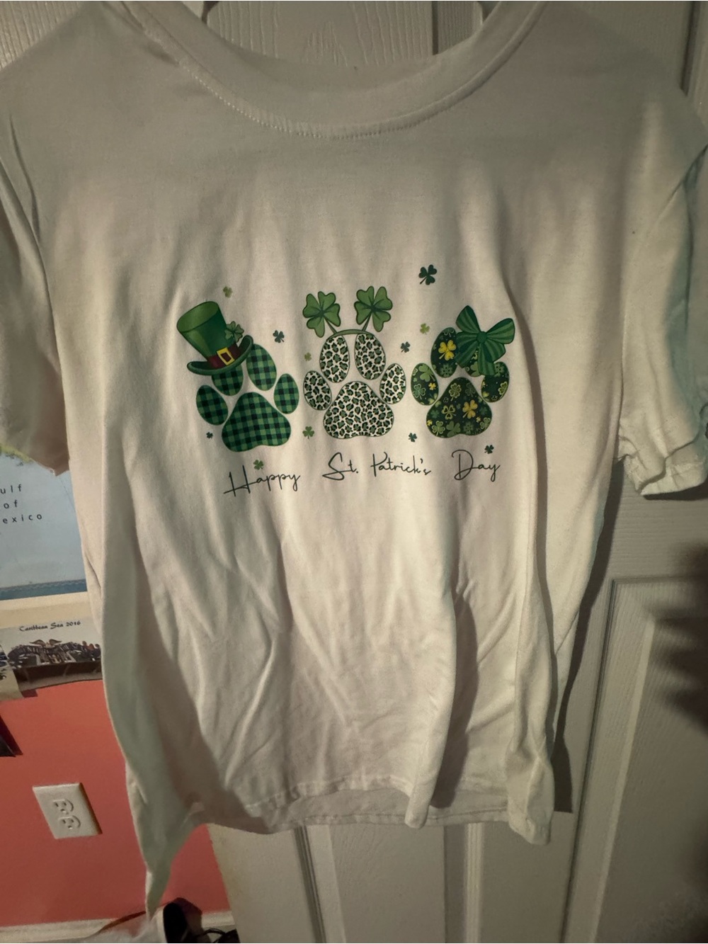 SHEIN White Tee with Green St. Patrick's Paw Print Design